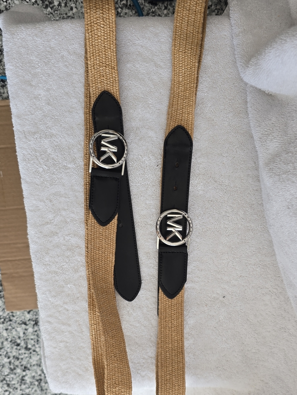 Michael Kors Tan Woven Belt with Black Leather Accents and Silver MK Buckle